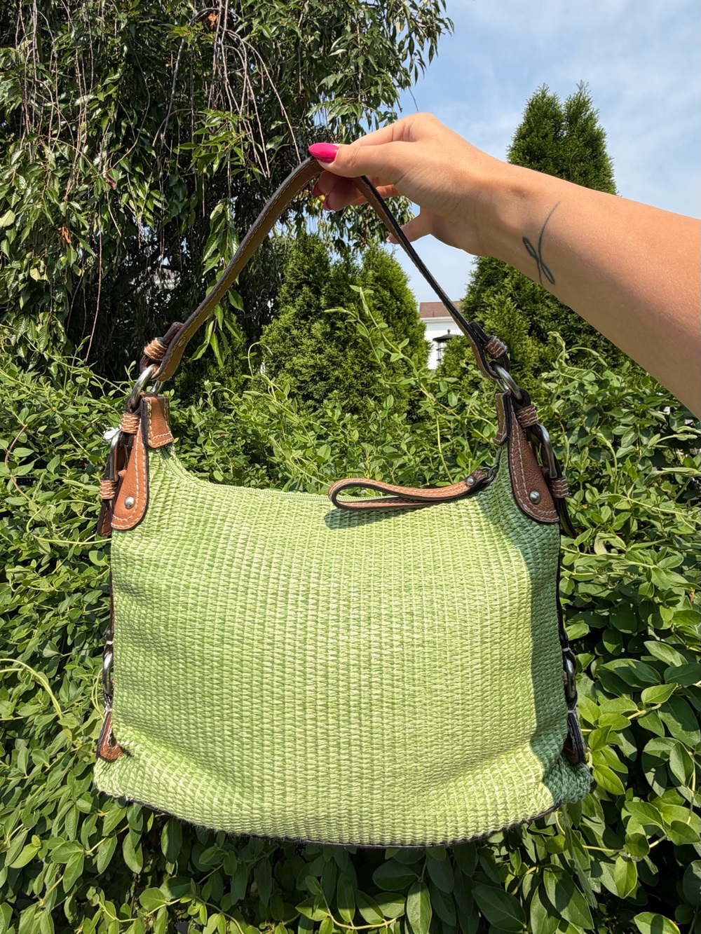 Vintage Y2K Fossil Lime Green Woven Hobo Bag Shoulder Purse EUC